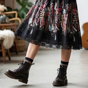 Vintage Y2K 90s Dark Floral Lace Hem Midi Skirt Black Coral red XL cotton